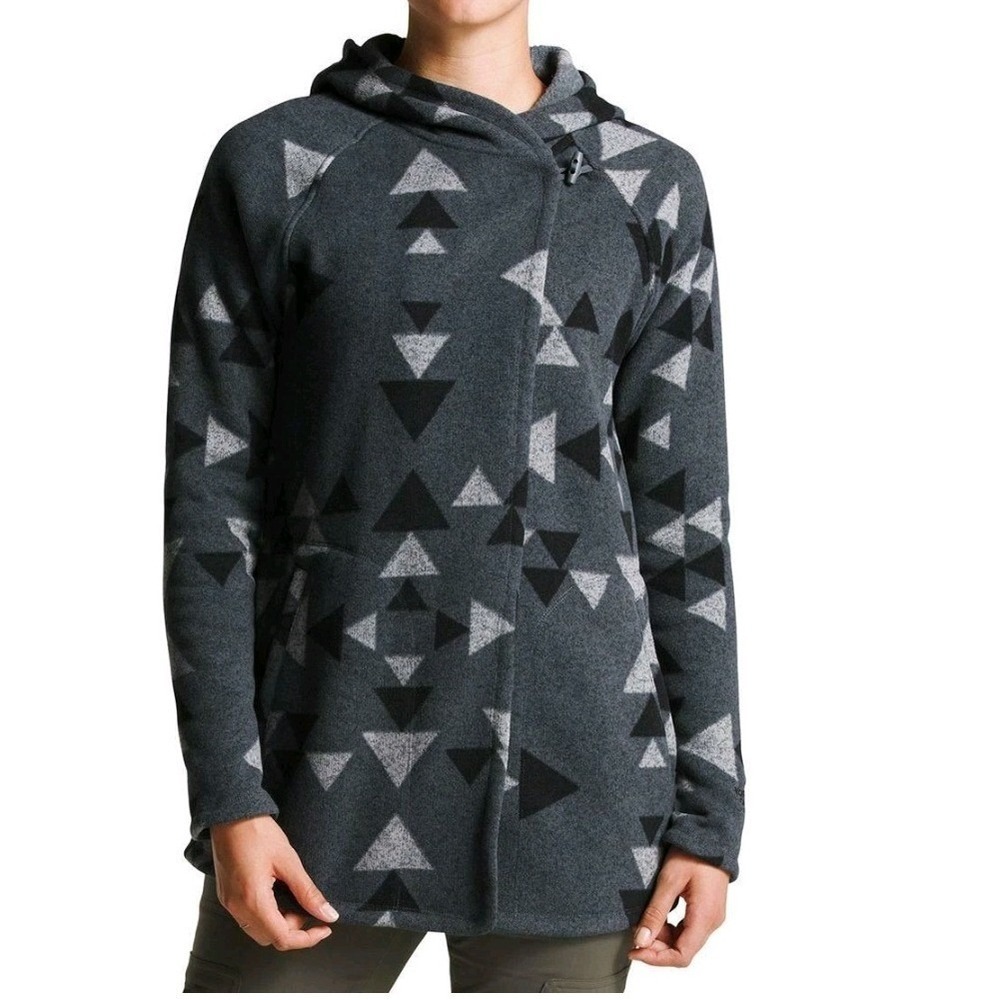 The North Face Crescent Fleece Hood Wrap Toggle Sweater Coat Grey Geo Print Sz L